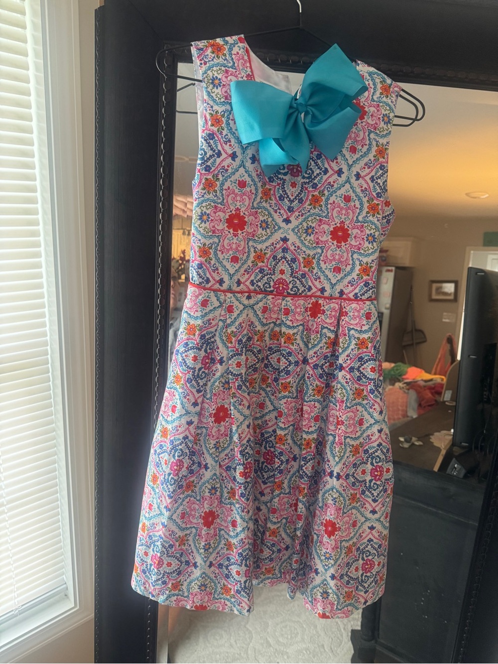 Bonnie Jean White Floral Mosaic Dress with Teal Bow